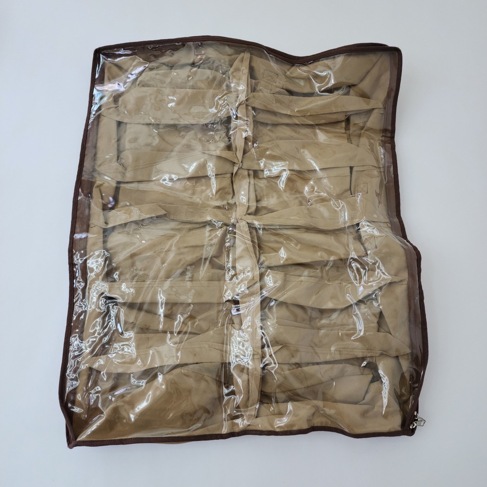 Underbed Shoe Organizer Storage Bag 12 Compartment Clear Zipper Top Tan Brown‎